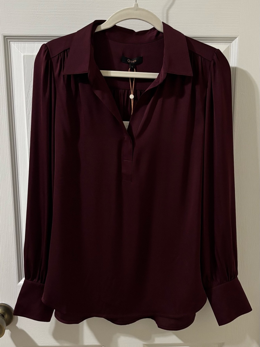 NWT Quince Washable Stretch Silk Split Neck Blouse in Wine Tasting Red in Large